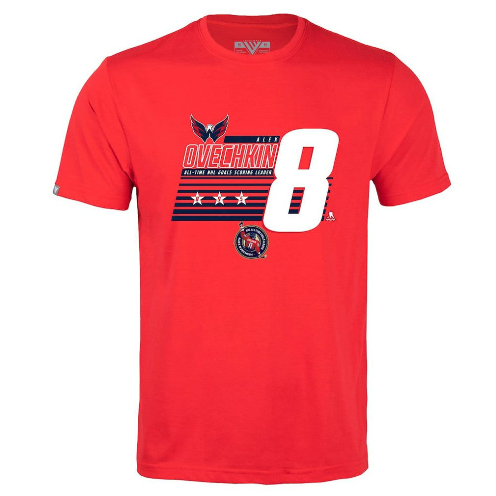 Alexander Ovechkin Washington Capitals Levelwear NHL All-Time Leading Goal Scorer Milestone Stripes Name & Number Richmond T-Shirt - Red - NHL
