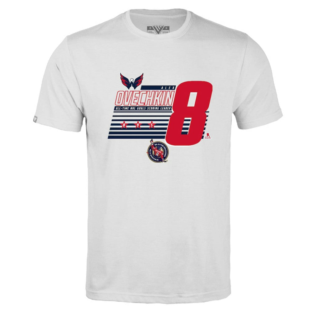 Alexander Ovechkin Washington Capitals Levelwear NHL All-Time Leading Goal Scorer Milestone Stripes Name & Number Richmond T-Shirt - White - NHL