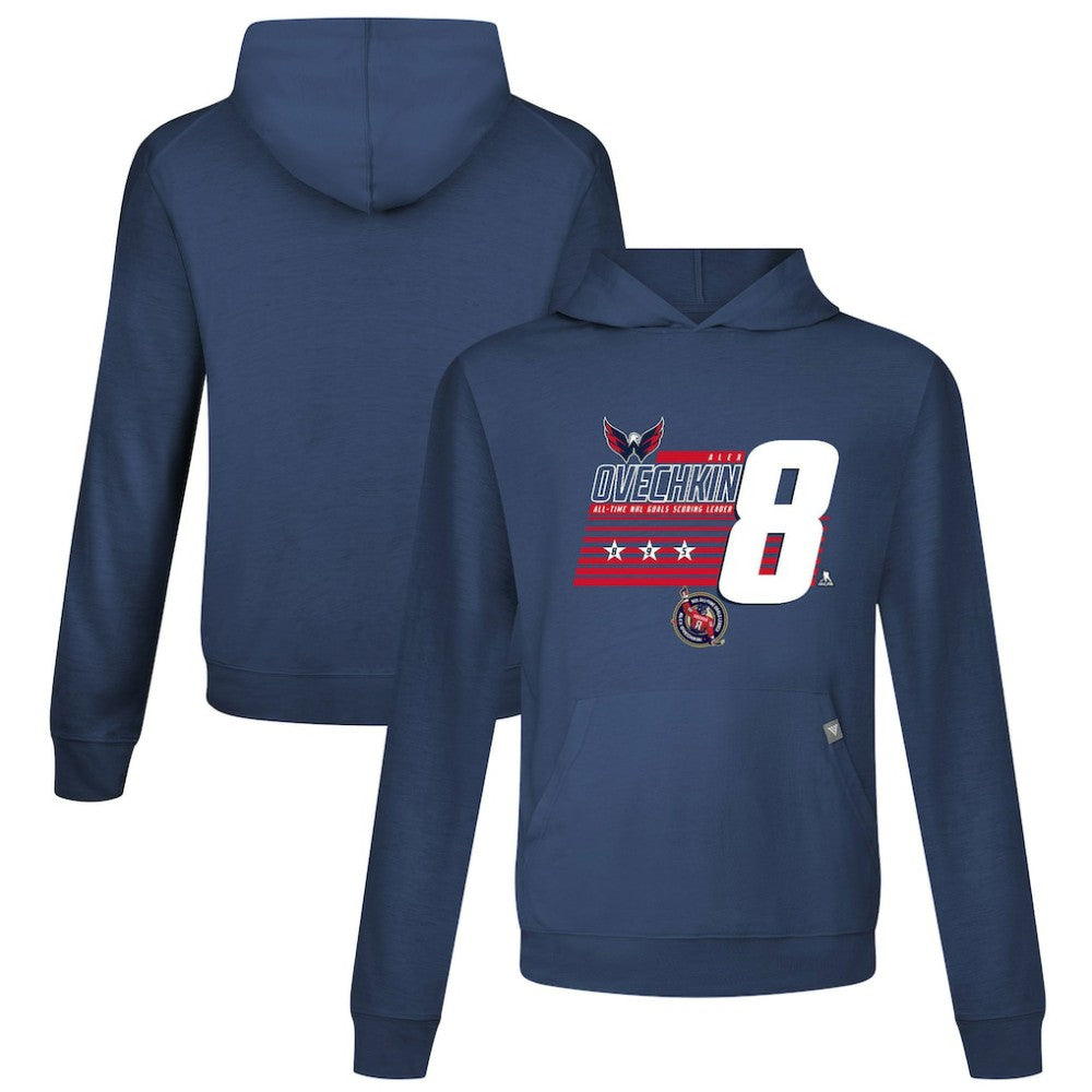 Alexander Ovechkin Washington Capitals Levelwear NHL All-Time Leading Goal Scorer Milestone Stripes Name & Number Relay Pullover Hoodie - Navy - NHL