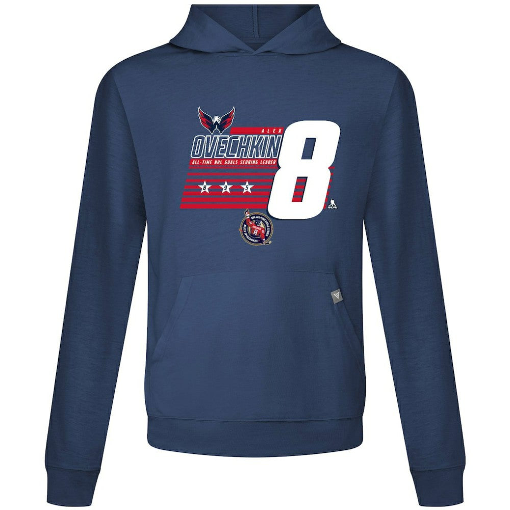 Alexander Ovechkin Washington Capitals Levelwear NHL All-Time Leading Goal Scorer Milestone Stripes Name & Number Relay Pullover Hoodie - Navy - NHL
