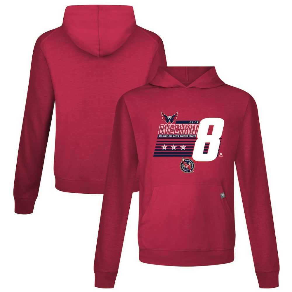 Alexander Ovechkin Washington Capitals Levelwear NHL All-Time Leading Goal Scorer Milestone Stripes Name & Number Relay Pullover Hoodie - Red - NHL