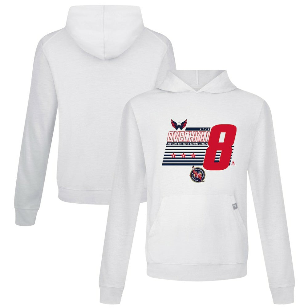Alexander Ovechkin Washington Capitals Levelwear NHL All-Time Leading Goal Scorer Milestone Stripes Name & Number Relay Pullover Hoodie - White - NHL