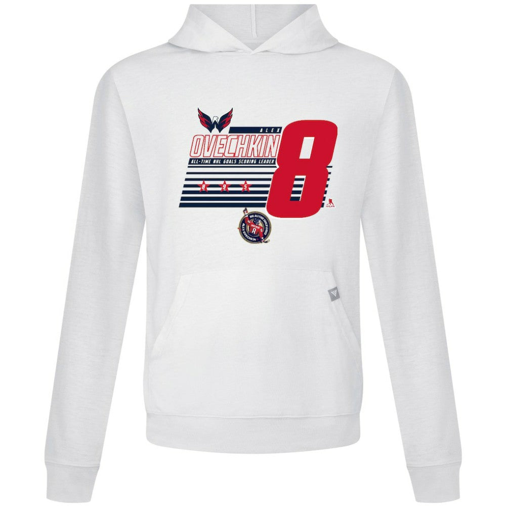 Alexander Ovechkin Washington Capitals Levelwear NHL All-Time Leading Goal Scorer Milestone Stripes Name & Number Relay Pullover Hoodie - White - NHL