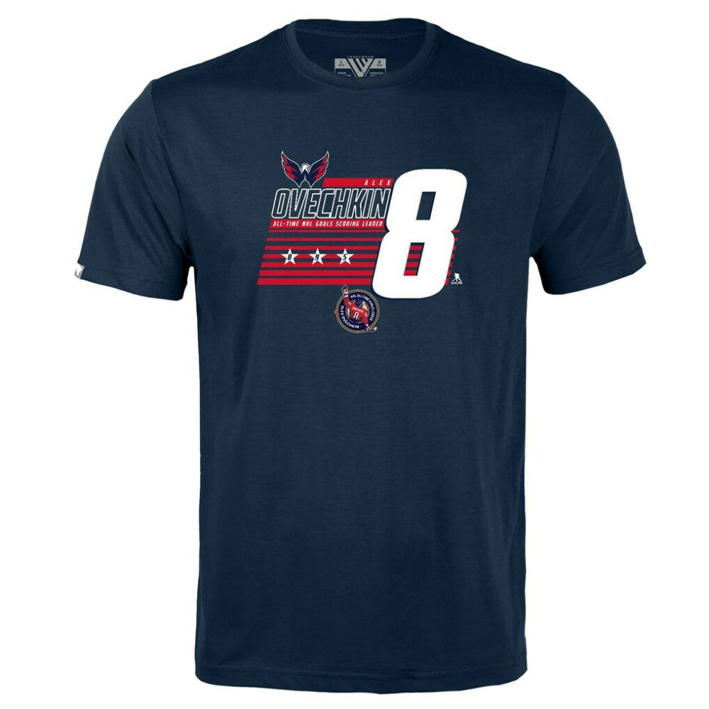 Alexander Ovechkin Washington Capitals Levelwear Youth NHL All-Time Leading Goal Scorer Milestone Stripes Name & Number Little Richmond T-Shirt - Navy - NHL