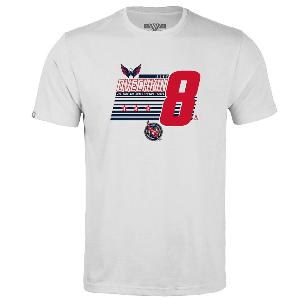 Alexander Ovechkin Washington Capitals Levelwear Youth NHL All-Time Leading Goal Scorer Milestone Stripes Name & Number Little Richmond T-Shirt - White - NHL