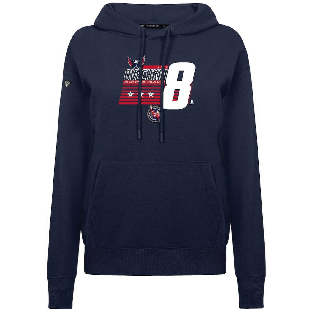 Alexander Ovechkin Washington Capitals Levelwear Women's NHL All-Time Leading Goal Scorer Milestone Stripes Name & Number Adorn Pullover Hoodie - Navy - NHL