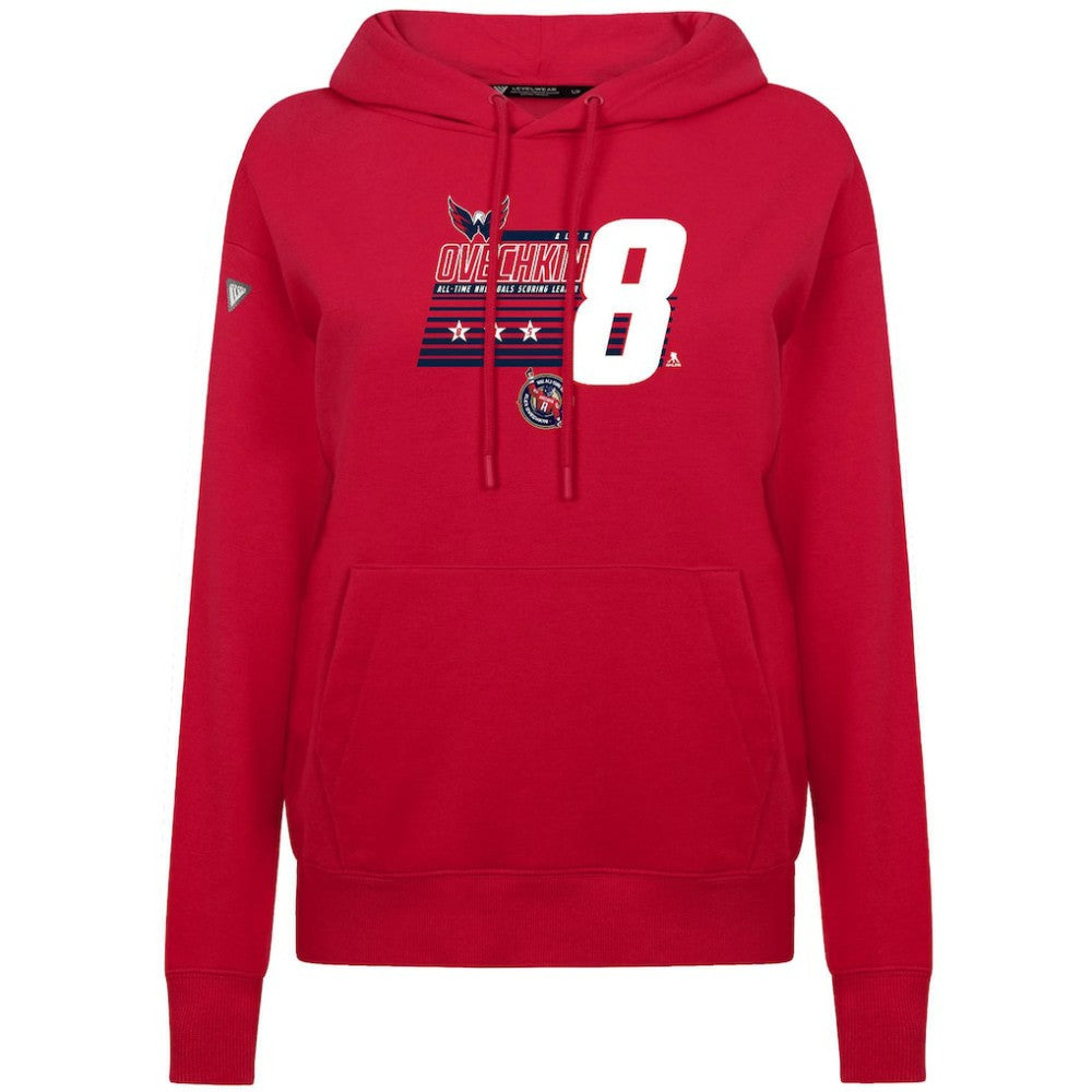Alexander Ovechkin Washington Capitals Levelwear Women's NHL All-Time Leading Goal Scorer Milestone Stripes Name & Number Adorn Pullover Hoodie - Red - NHL