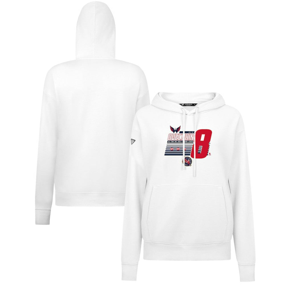 Alexander Ovechkin Washington Capitals Levelwear Women's NHL All-Time Leading Goal Scorer Milestone Stripes Name & Number Adorn Pullover Hoodie - White - NHL