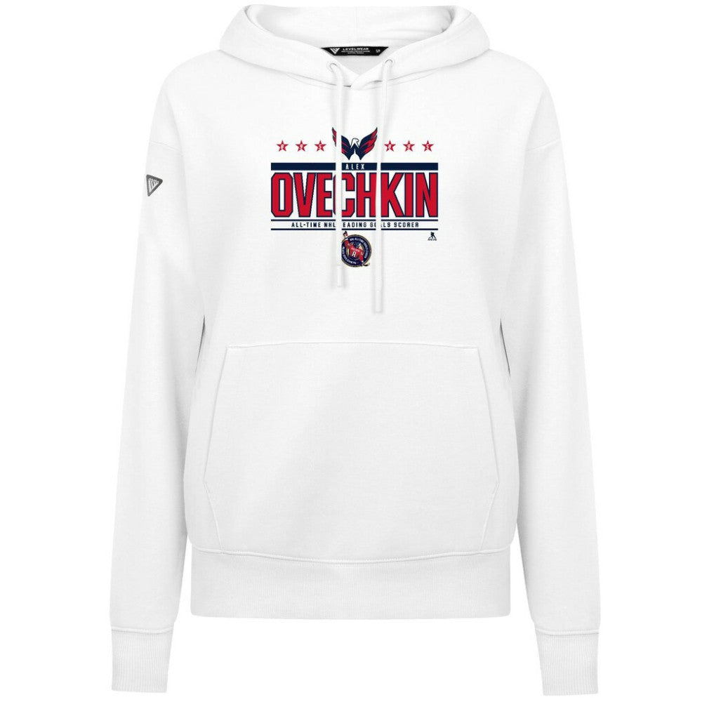 Alexander Ovechkin Washington Capitals Levelwear Women's NHL All-Time Leading Goal Scorer Milestone Stripes Name & Number Adorn Pullover Hoodie - White - NHL