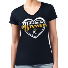 Milwaukee Brewers G-III 4Her by Carl Banks Women's Super-Slim Fit Lightweight Double Heart V-Neck T-Shirt - MLB