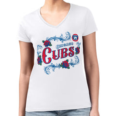 Chicago Cubs G-III 4Her by Carl Banks Women's Super-Slim Fit Lightweight Retro Roses V-Neck T-Shirt - MLB