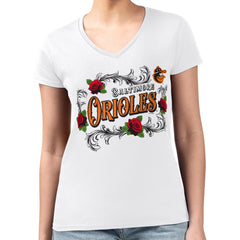 Baltimore Orioles G-III 4Her by Carl Banks Women's Super-Slim Fit Lightweight Retro Roses V-Neck T-Shirt - MLB