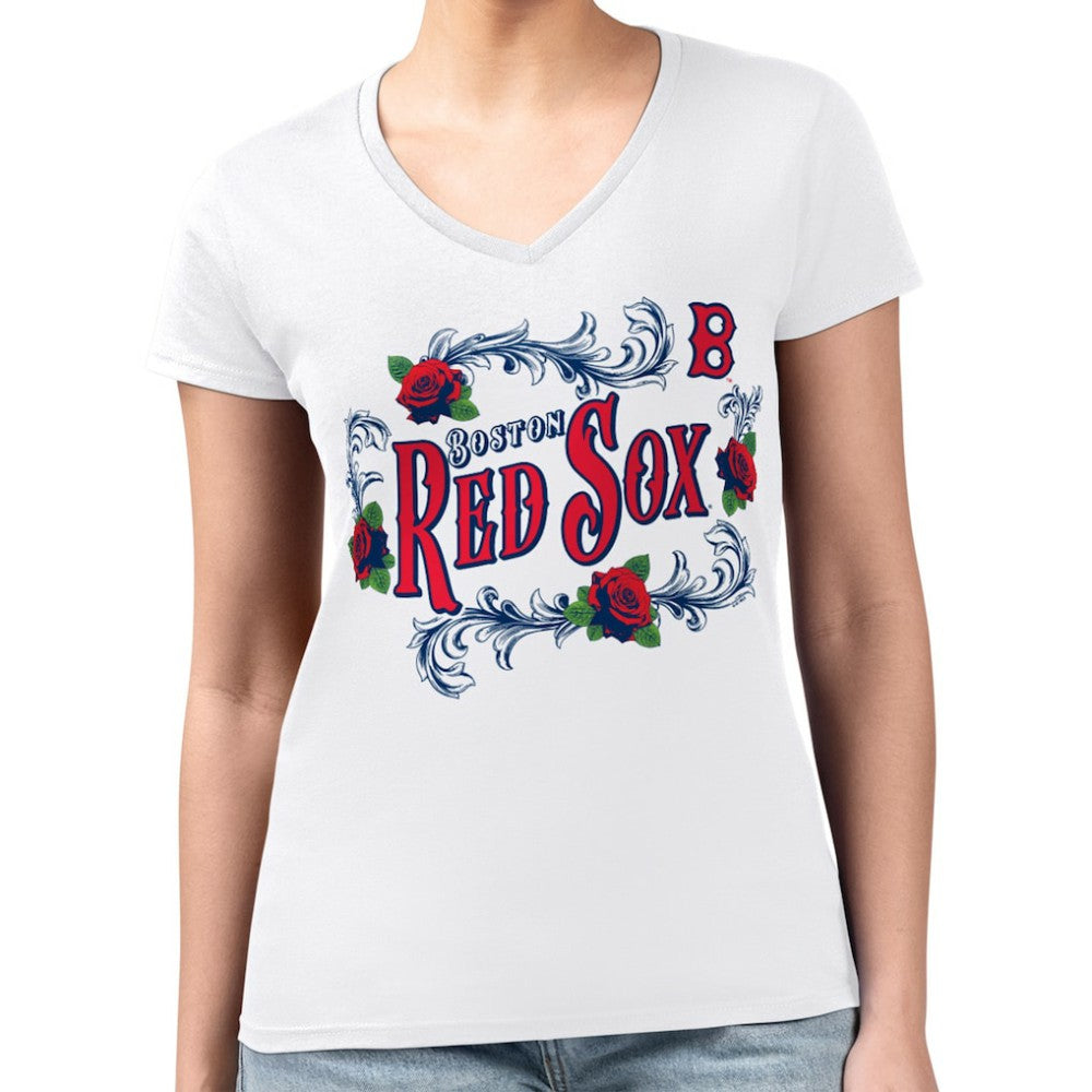 Boston Red Sox G-III 4Her by Carl Banks Women's Super-Slim Fit Lightweight Retro Roses V-Neck T-Shirt - MLB