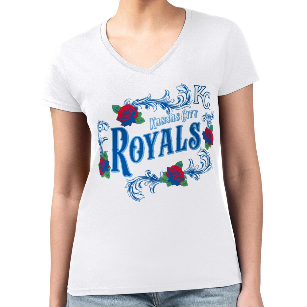 Kansas City Royals G-III 4Her by Carl Banks Women's Super-Slim Fit Lightweight Retro Roses V-Neck T-Shirt - MLB
