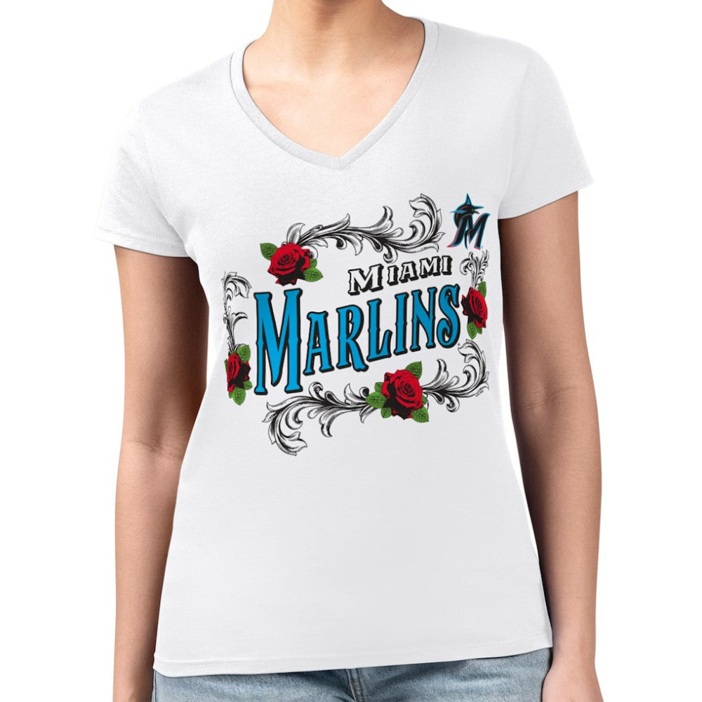 Miami Marlins G-III 4Her by Carl Banks Women's Super-Slim Fit Lightweight Retro Roses V-Neck T-Shirt - MLB