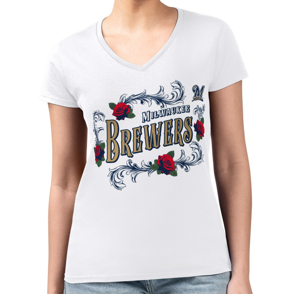 Milwaukee Brewers G-III 4Her by Carl Banks Women's Super-Slim Fit Lightweight Retro Roses V-Neck T-Shirt - MLB