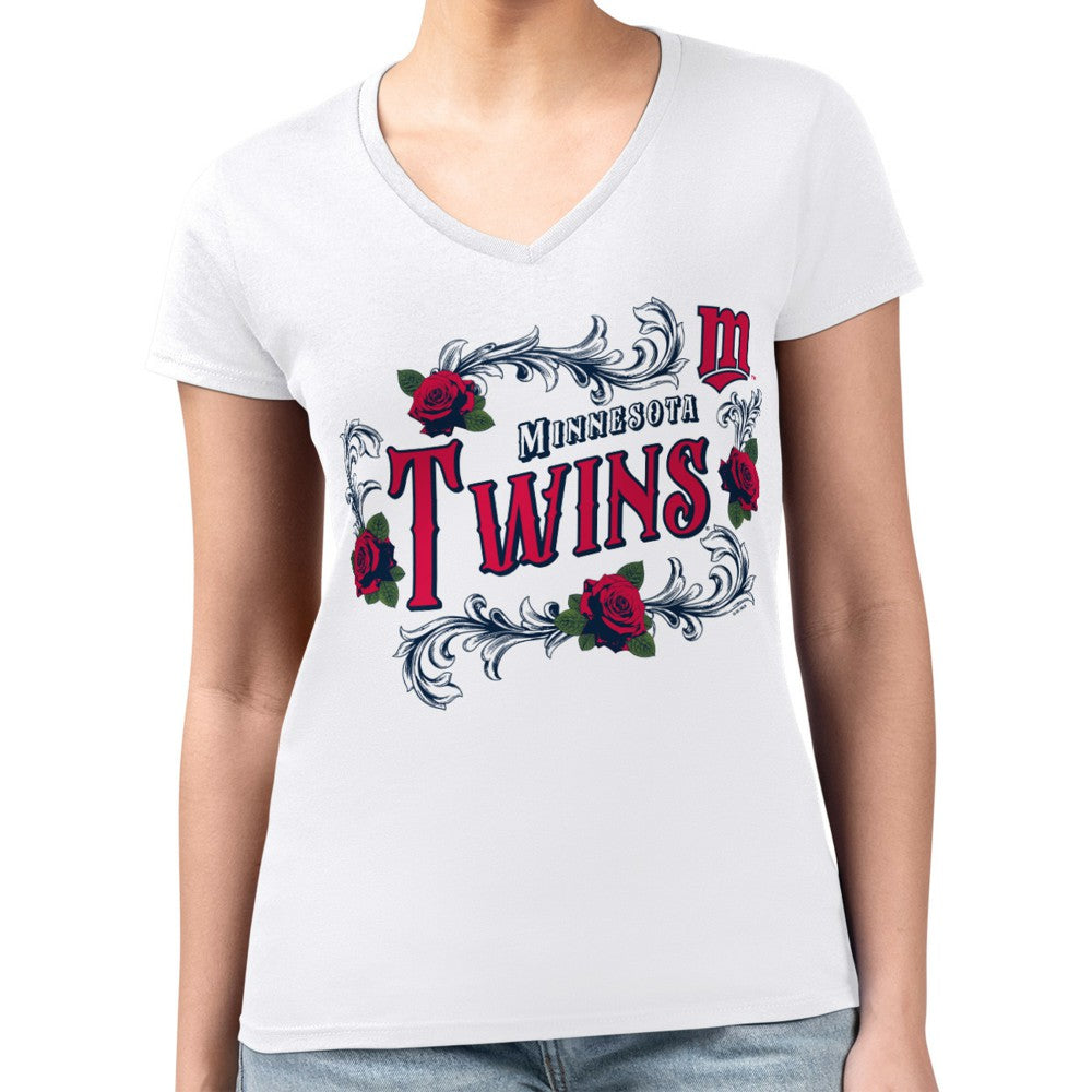 Minnesota Twins G-III 4Her by Carl Banks Women's Super-Slim Fit Lightweight Retro Roses V-Neck T-Shirt - MLB