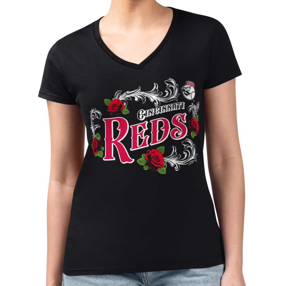 Cincinnati Reds G-III 4Her by Carl Banks Women's Super-Slim Fit Lightweight Retro Roses V-Neck T-Shirt - MLB