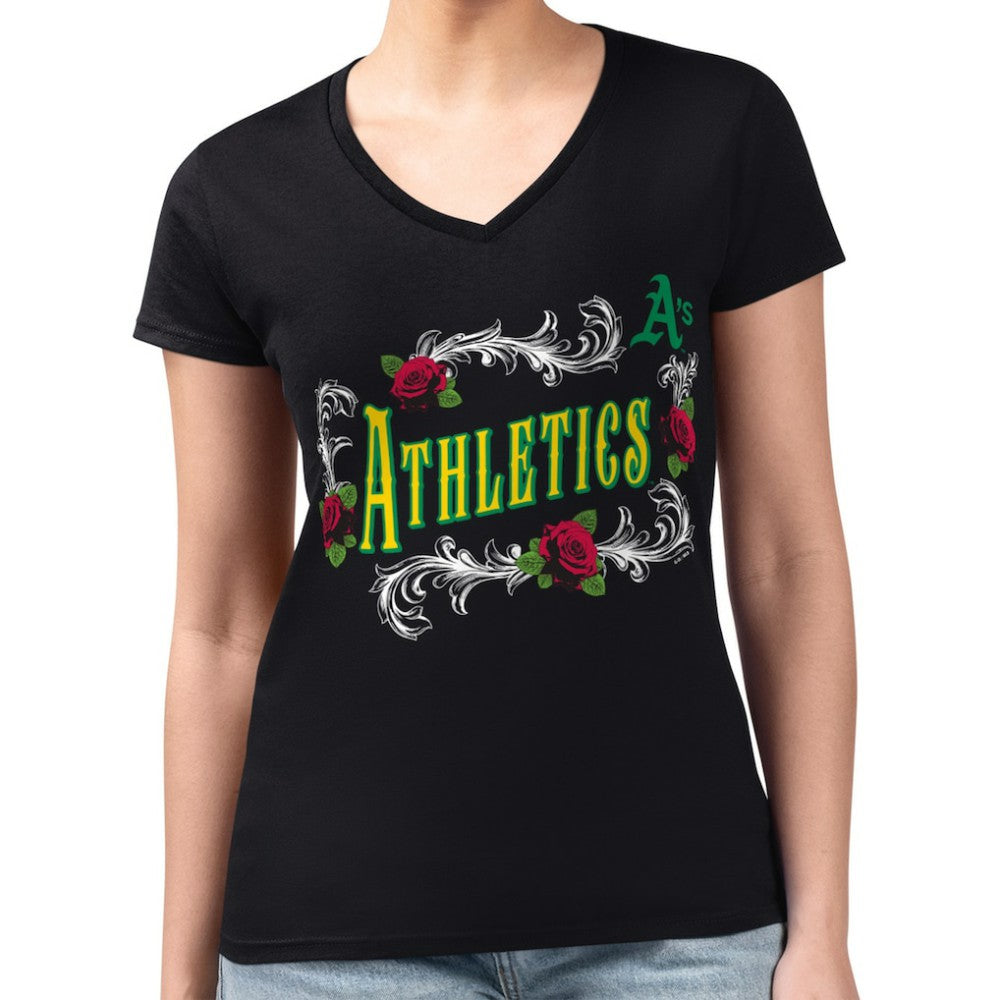 Athletics G-III 4Her by Carl Banks Women's Super-Slim Fit Lightweight Retro Roses V-Neck T-Shirt - MLB