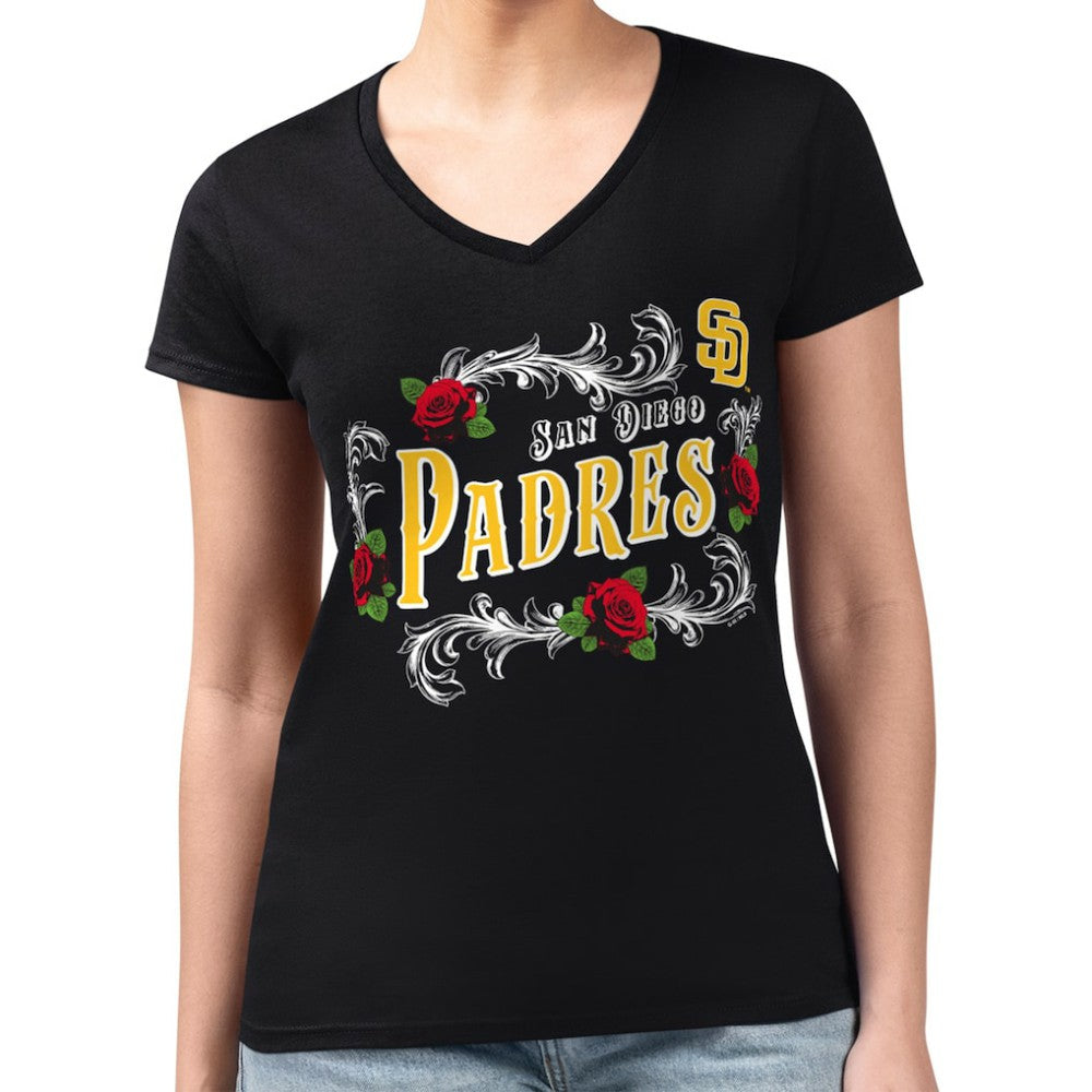 San Diego Padres G-III 4Her by Carl Banks Women's Super-Slim Fit Lightweight Retro Roses V-Neck T-Shirt - MLB
