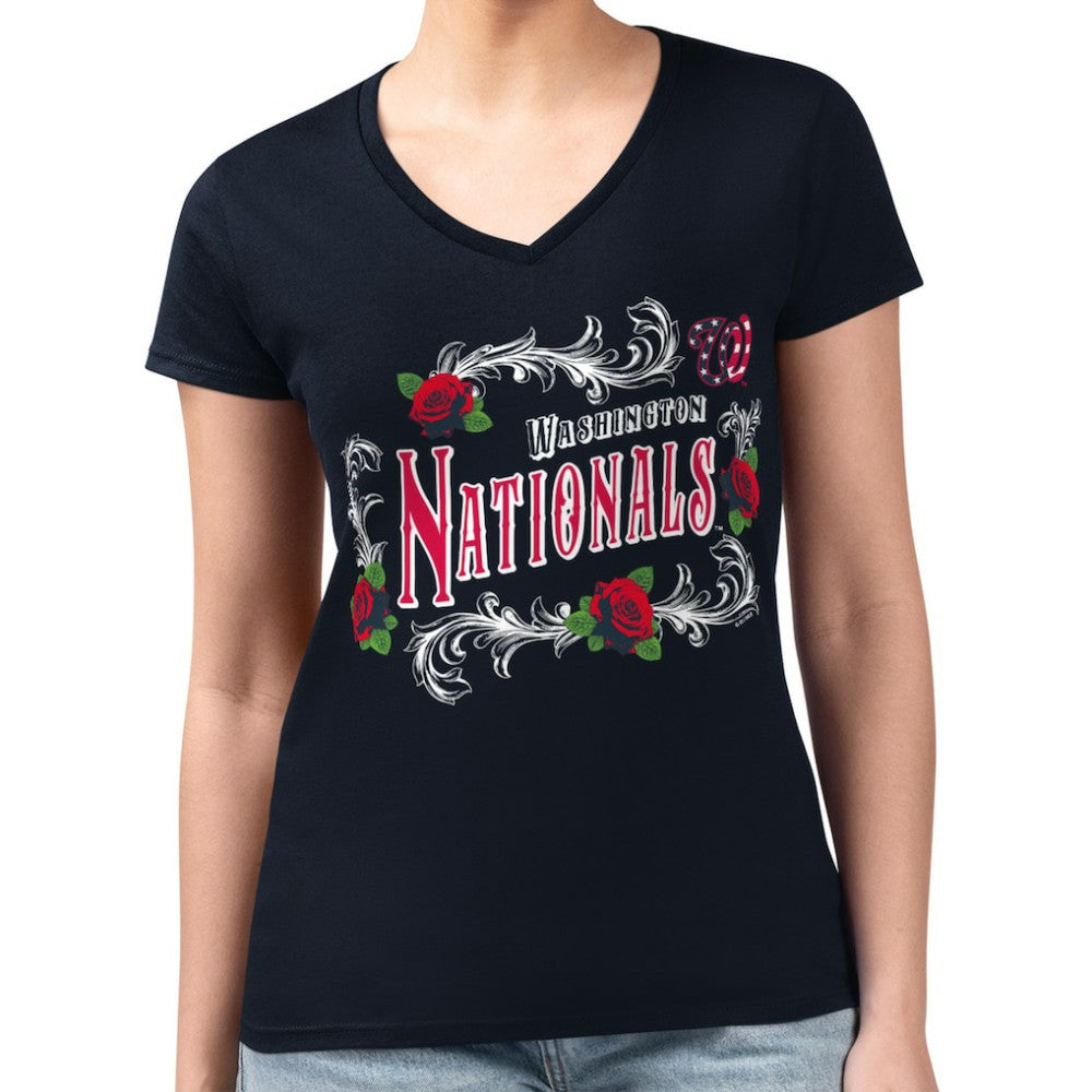 Washington Nationals G-III 4Her by Carl Banks Women's Super-Slim Fit Lightweight Retro Roses V-Neck T-Shirt - MLB