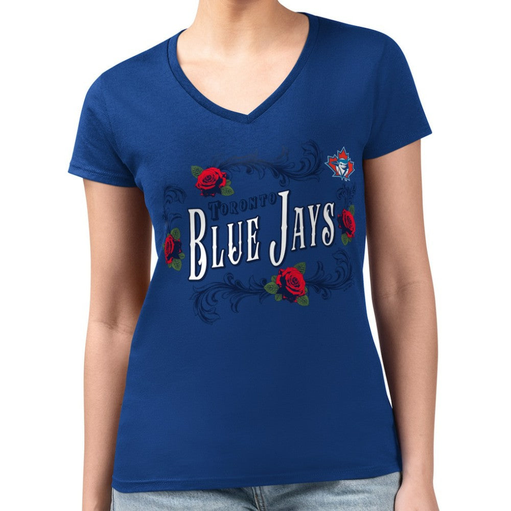 Toronto Blue Jays G-III 4Her by Carl Banks Women's Super-Slim Fit Lightweight Retro Roses V-Neck T-Shirt - MLB