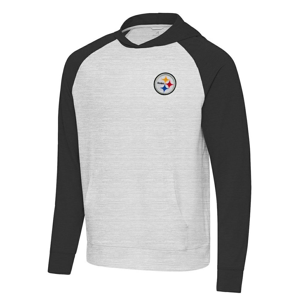 Pittsburgh Steelers Antigua Urgent Pullover Hoodie Black/Heather Gray | NFL