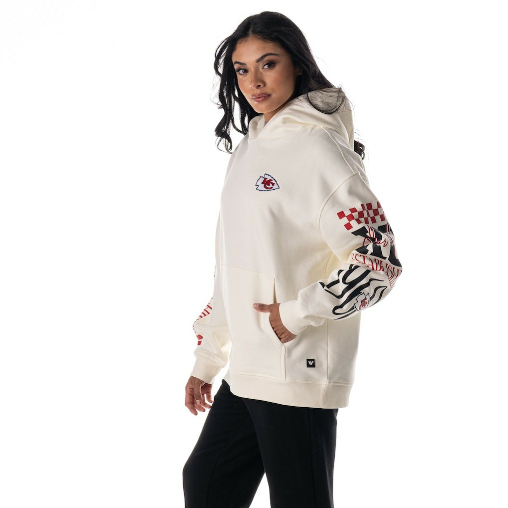 Kansas City Chiefs The Wild Collective Unisex Stacked Graphic Sleeve Fleece Hoodie Cream | NFL