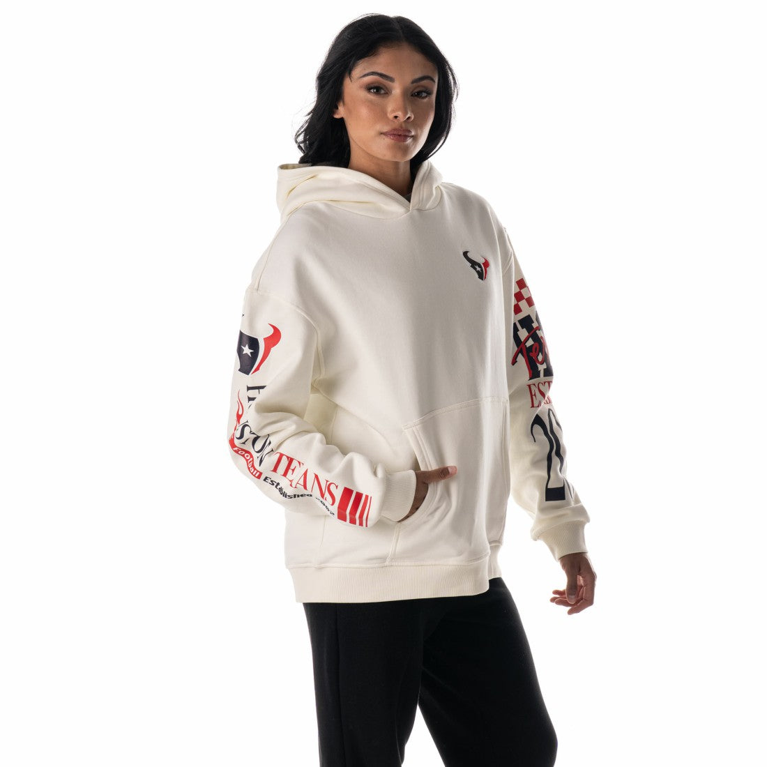 Houston Texans The Wild Collective Unisex Stacked Graphic Sleeve Fleece Hoodie Cream | NFL