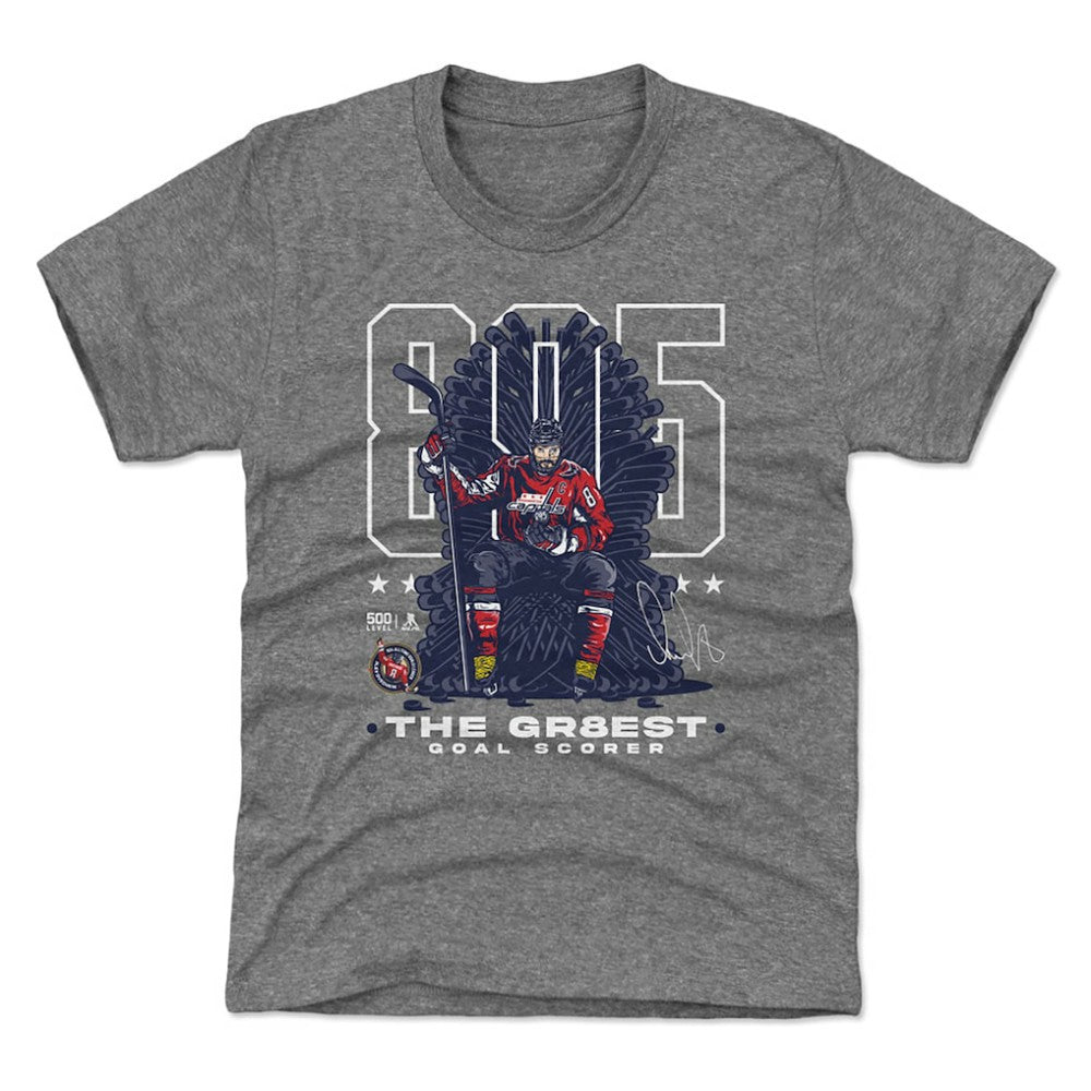 Alexander Ovechkin Washington Capitals 500 Level Youth NHL All-Time Leading Goal Scorer Throne T-Shirt - Gray - NHL
