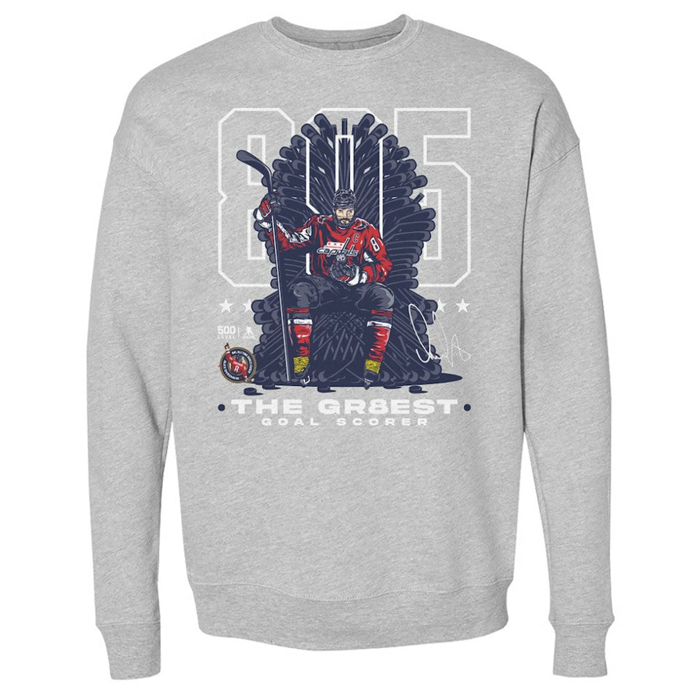 Alexander Ovechkin Washington Capitals 500 Level NHL All-Time Leading Goal Scorer Throne Pullover Sweatshirt - Heather Gray - NHL