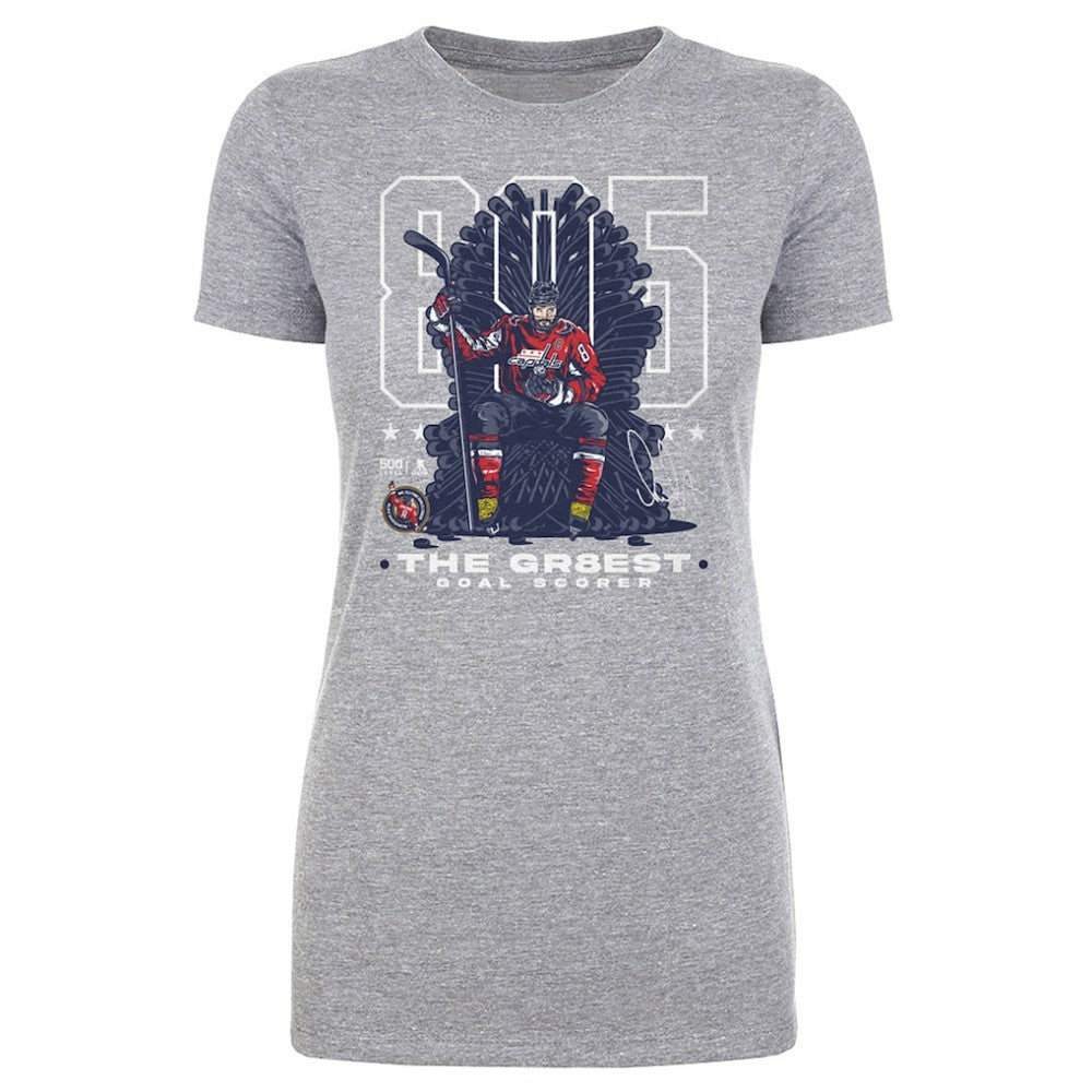 Alexander Ovechkin Washington Capitals 500 Level Women's NHL All-Time Leading Goal Scorer Throne T-Shirt - Heather Gray - NHL