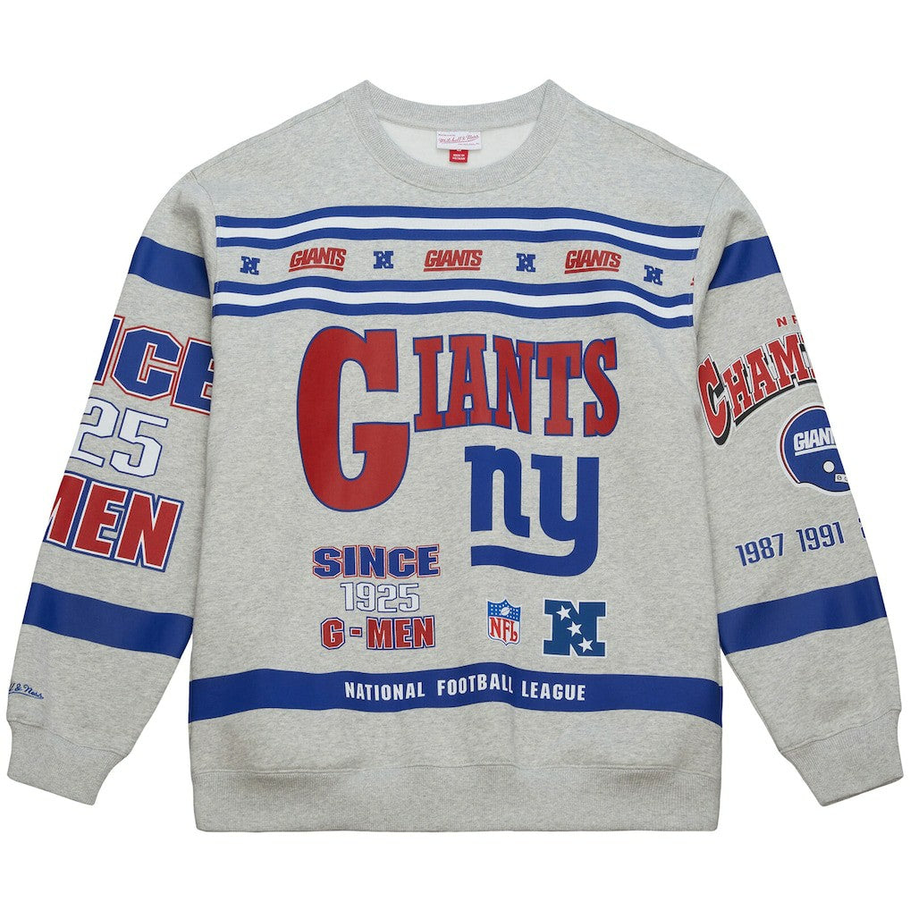 New York Giants All Over Print Vintage Fleece Crewneck Sweatshirt Heather Gray | Mitchell & Ness