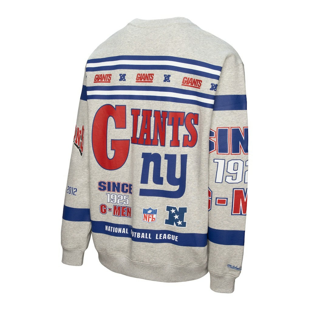New York Giants All Over Print Vintage Fleece Crewneck Sweatshirt Heather Gray | Mitchell & Ness