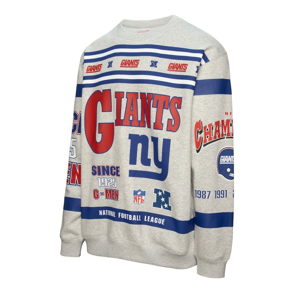 New York Giants All Over Print Vintage Fleece Crewneck Sweatshirt Heather Gray | Mitchell & Ness