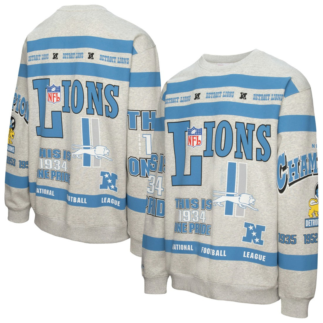 Detroit Lions All Over Print Vintage Fleece Crewneck Sweatshirt Heather Gray | Mitchell & Ness