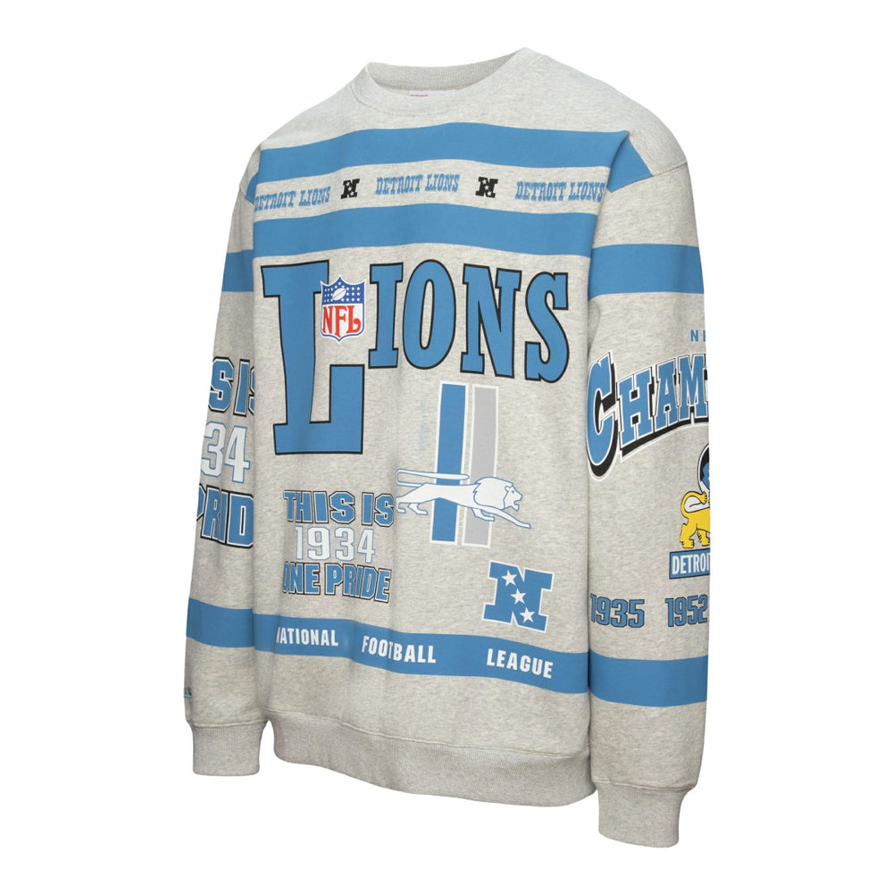Detroit Lions All Over Print Vintage Fleece Crewneck Sweatshirt Heather Gray | Mitchell & Ness