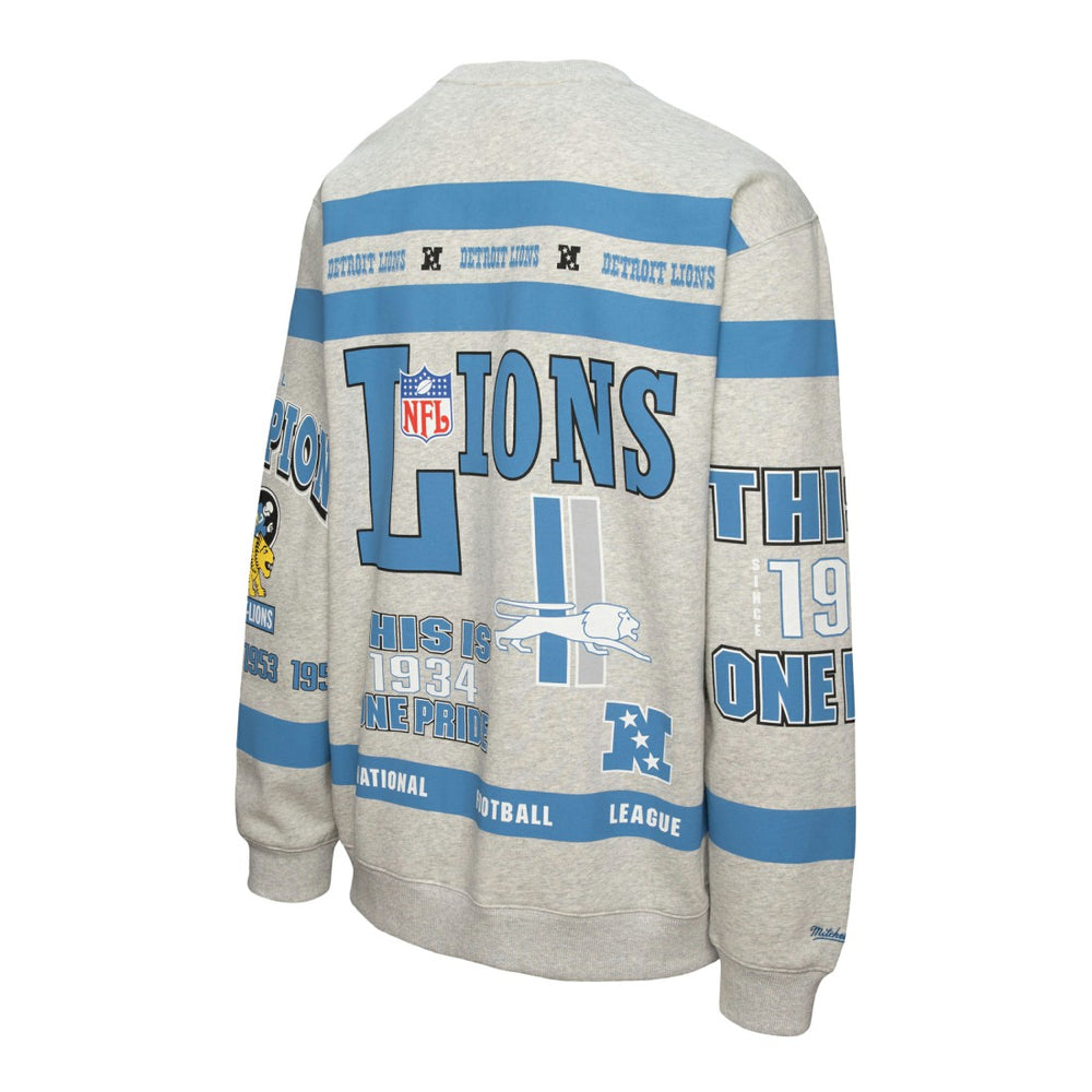 Detroit Lions All Over Print Vintage Fleece Crewneck Sweatshirt Heather Gray | Mitchell & Ness