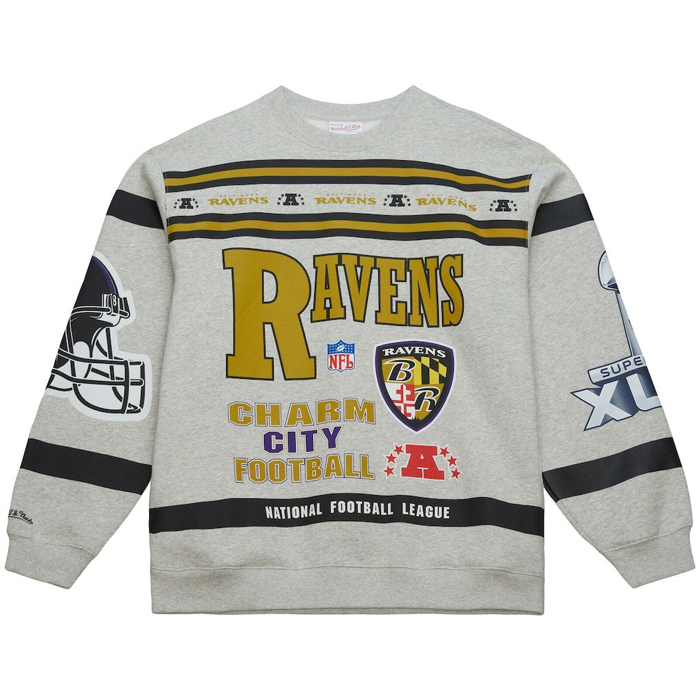 Baltimore Ravens All Over Print Vintage Fleece Crewneck Sweatshirt Heather Gray | Mitchell & Ness