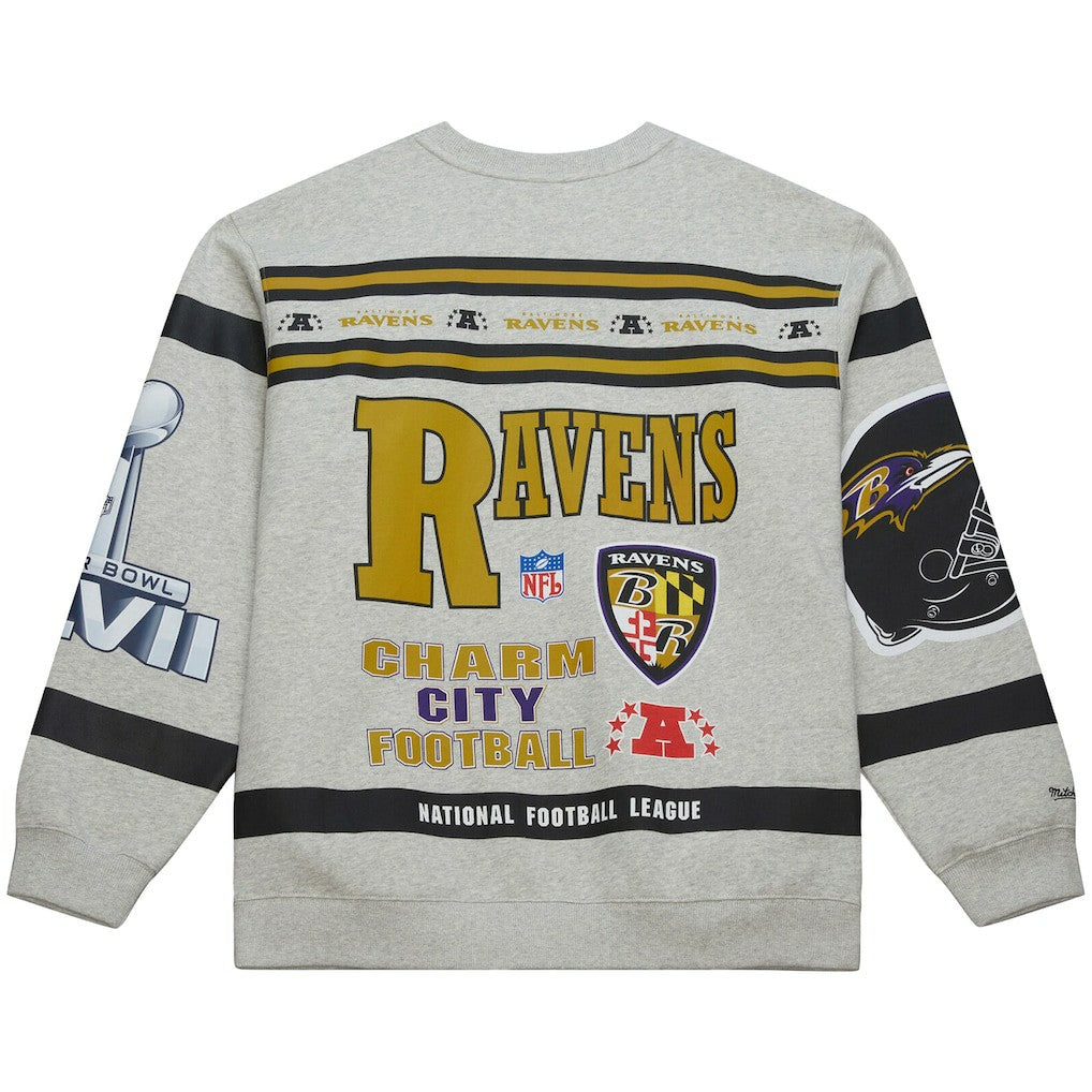 Baltimore Ravens All Over Print Vintage Fleece Crewneck Sweatshirt Heather Gray | Mitchell & Ness