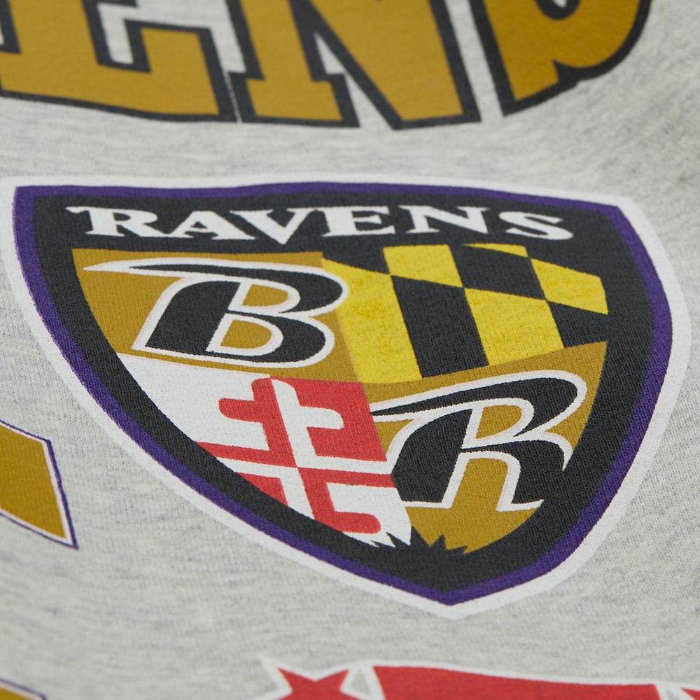 Baltimore Ravens All Over Print Vintage Fleece Crewneck Sweatshirt Heather Gray | Mitchell & Ness