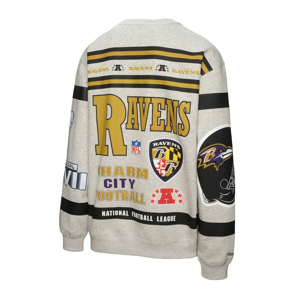 Baltimore Ravens All Over Print Vintage Fleece Crewneck Sweatshirt Heather Gray | Mitchell & Ness