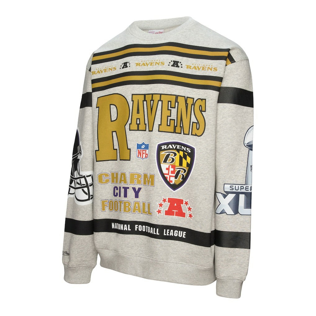 Baltimore Ravens All Over Print Vintage Fleece Crewneck Sweatshirt Heather Gray | Mitchell & Ness
