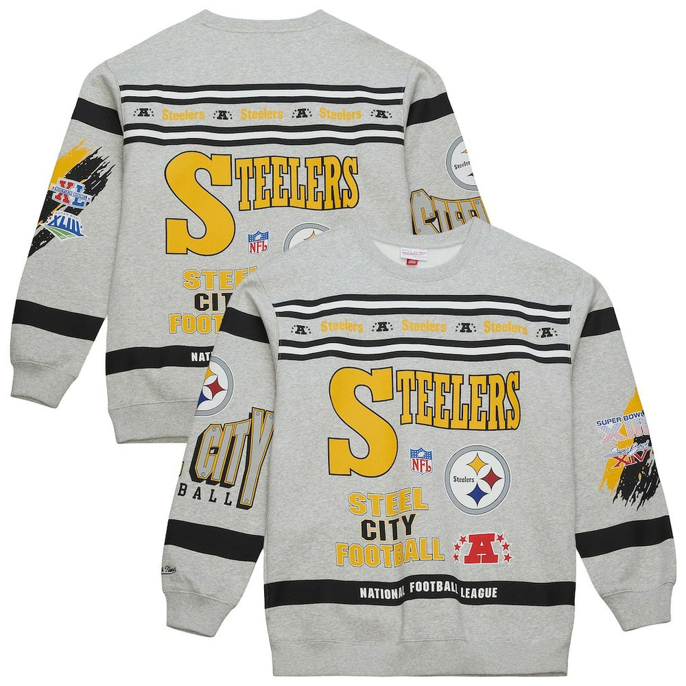 Pittsburgh Steelers All Over Print Vintage Fleece Crewneck Sweatshirt Heather Gray | Mitchell & Ness
