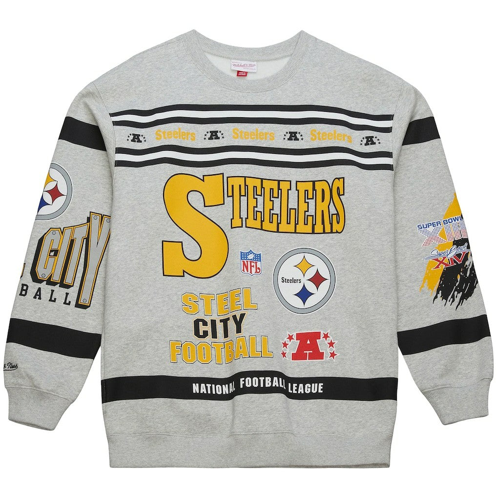 Pittsburgh Steelers All Over Print Vintage Fleece Crewneck Sweatshirt Heather Gray | Mitchell & Ness