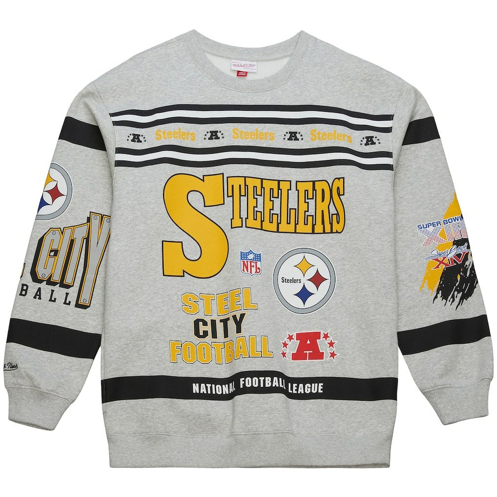 Pittsburgh Steelers All Over Print Vintage Fleece Crewneck Sweatshirt Heather Gray | Mitchell & Ness