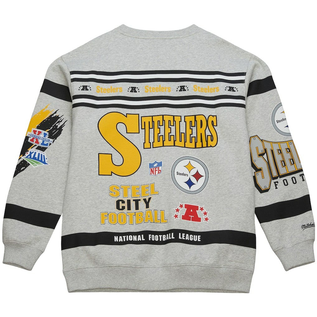 Pittsburgh Steelers All Over Print Vintage Fleece Crewneck Sweatshirt Heather Gray | Mitchell & Ness