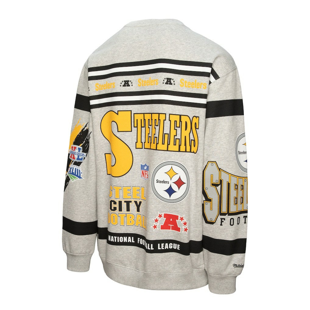 Pittsburgh Steelers All Over Print Vintage Fleece Crewneck Sweatshirt Heather Gray | Mitchell & Ness
