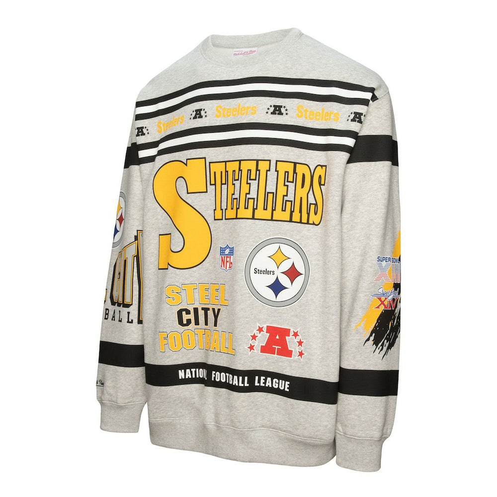 Pittsburgh Steelers All Over Print Vintage Fleece Crewneck Sweatshirt Heather Gray | Mitchell & Ness