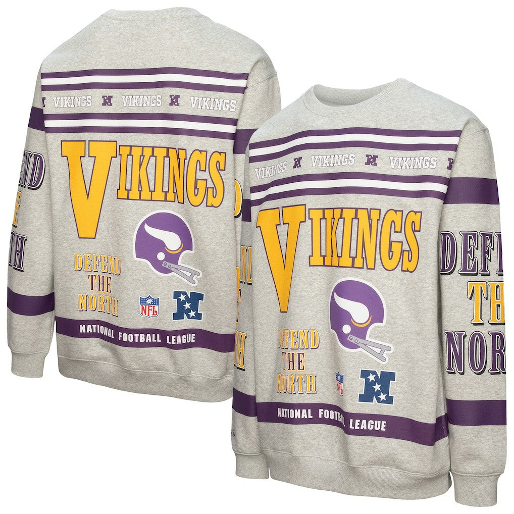 Minnesota Vikings All Over Print Vintage Fleece Crewneck Sweatshirt Heather Gray | Mitchell & Ness